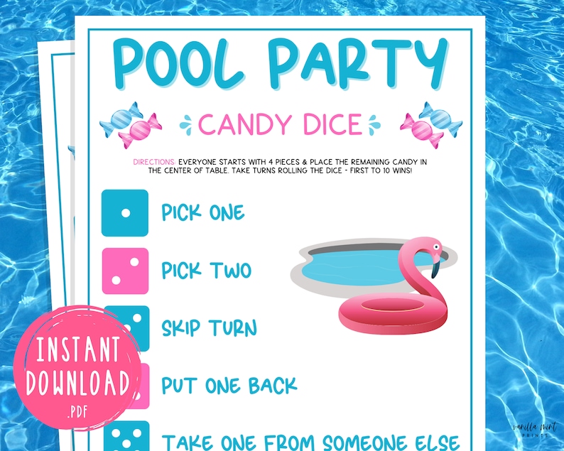 Pool Party Candy Dice Game Fun Printable Summertime Party Etsy