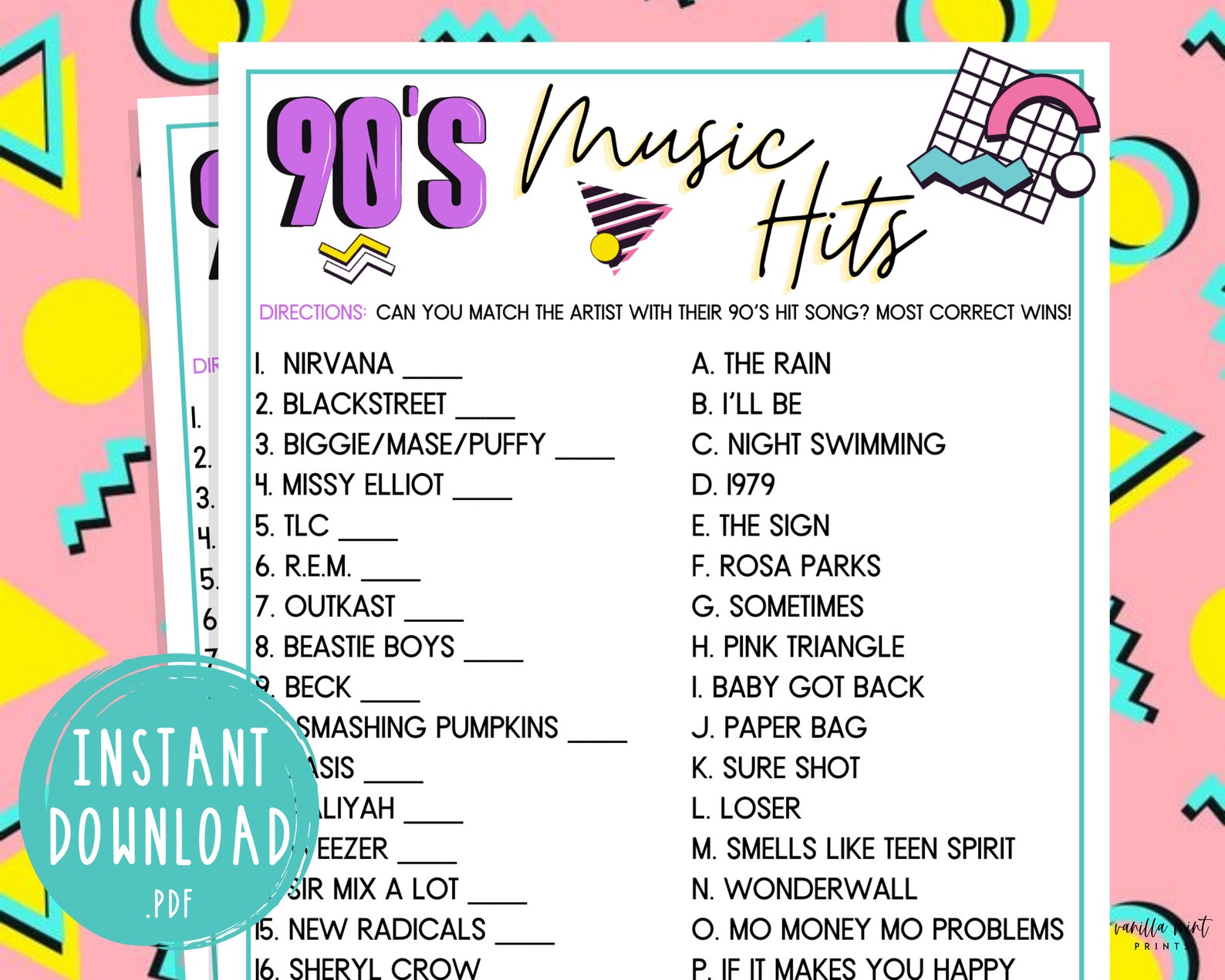 1990's Trivia 90s Music Hit Songs Trivia Music Trivia - Etsy