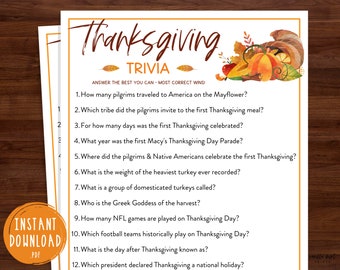 Thanksgiving Trivia Game | Thanksgiving Printable Games | Fun Thanksgiving Trivia Game | Friendsgiving Games | Turkey Day Trivia Game