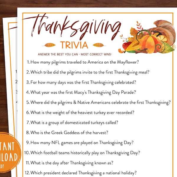 Thanksgiving Trivia Game | Thanksgiving Printable Games | Fun Thanksgiving Trivia Game | Friendsgiving Games | Turkey Day Trivia Game