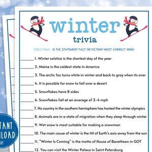Winter Trivia Game | Printable Winter Games | Wintertime Activities for Adults & Kids | Fun Winter Games | Holiday | Christmas | New Years