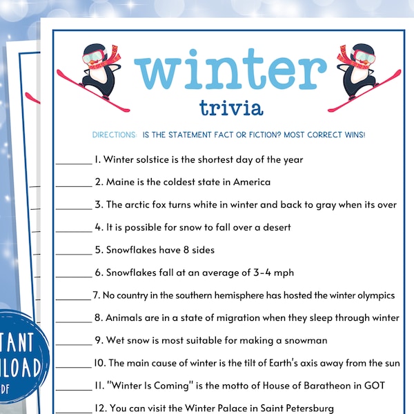 Winter Trivia Game | Printable Winter Games | Wintertime Activities for Adults & Kids | Fun Winter Games | Holiday | Christmas | New Years
