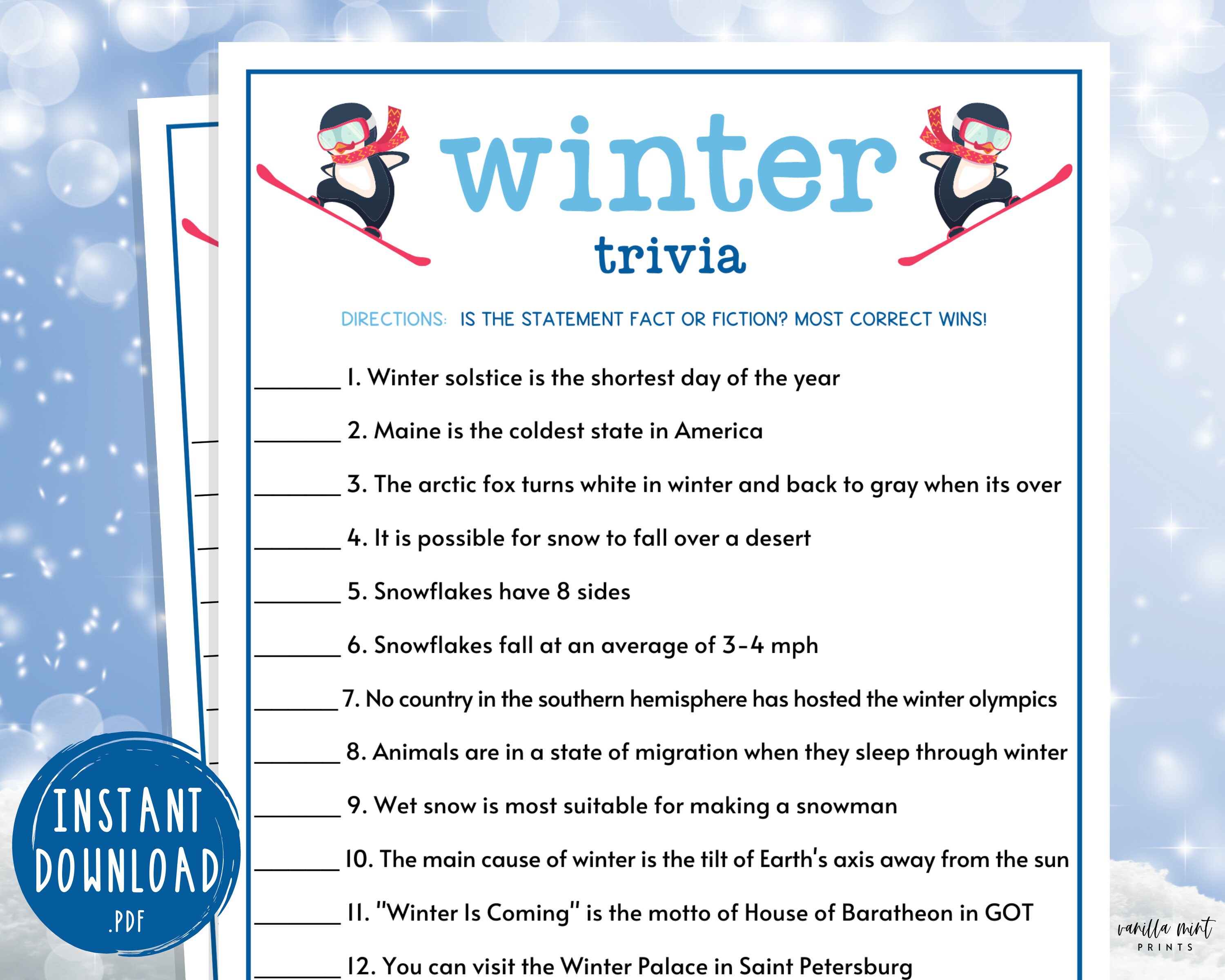 Winter Trivia Game Printable Winter Games Wintertime - Etsy
