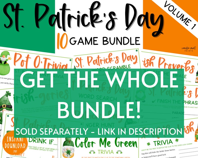 St. Patrick's Day 10 Game BUNDLE Volume 2 Irish Fun St. Patty's Day St. Paddy's St. Pats Printable Party Games for Kids & Adults image 6