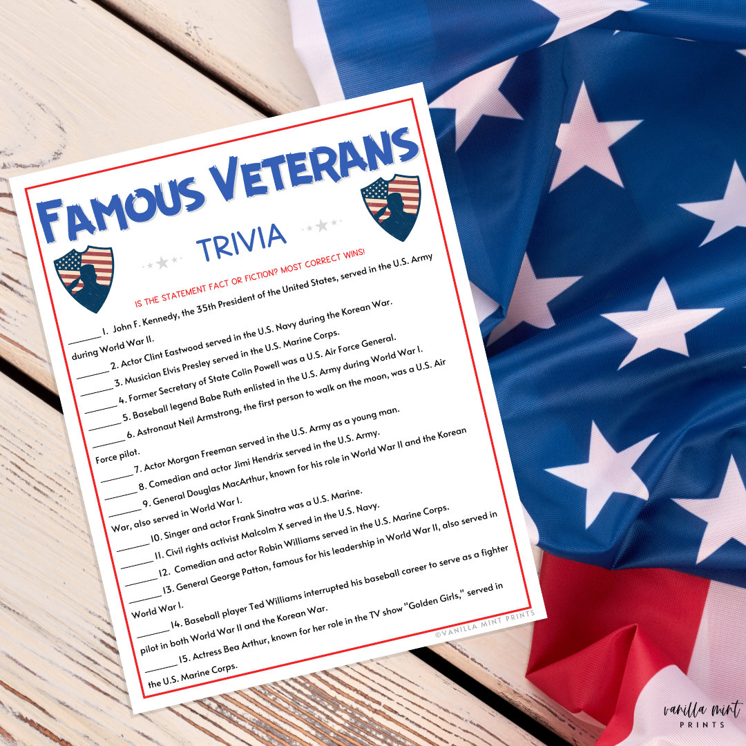 Día de los Veteranos Juego de trivia de veteranos famosos / Juegos  imprimibles del Día de los Veteranos / América / EE.UU. / Patriótico /  Juegos de aula / Veterano militar de EE. UU. - Etsy México, image size:1080x1080