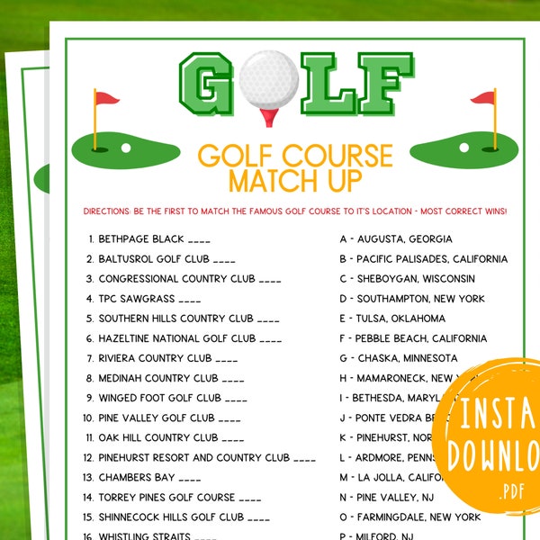 Golf Course Match Up Game | Printable Golf Party Games | Masters Golf Tournament Games for Kids & Adults | Golf Activities | Golf Birthday