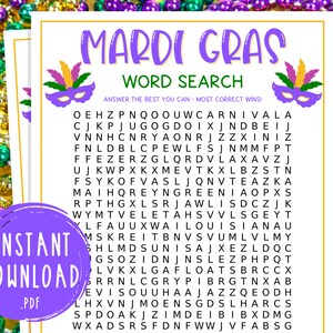 Mardi Gras Word Search | Fat Tuesday Party Games | Carnival | Mardi Gras Themed Party | New Orleans Printable Party Games | Lent