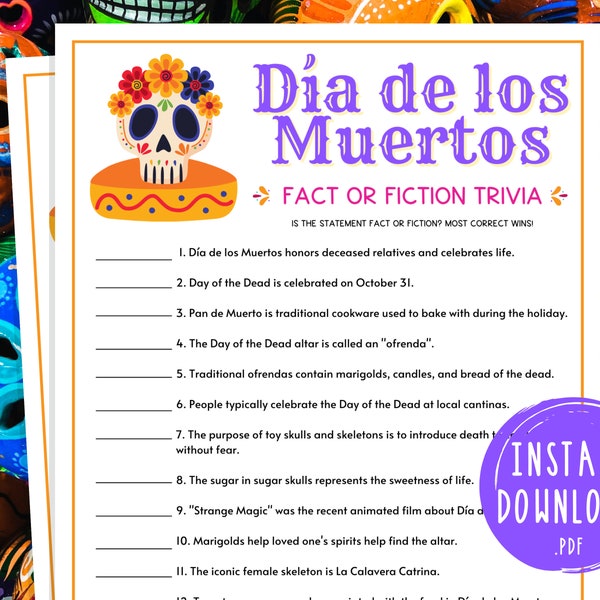 Día de los Muertos Fact or Fiction Trivia | Printable Day of the Dead Party Game | Fun Activities for Adults & Kids | Mexico | Mexican