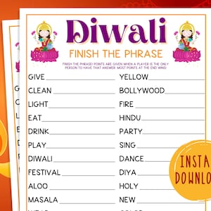 Diwali Terminar el juego de frases / Festival de luces imprimible Juegos de fiesta / Actividades para adultos y niños / Divertido juego de Diwali / Hinduismo / Hindú