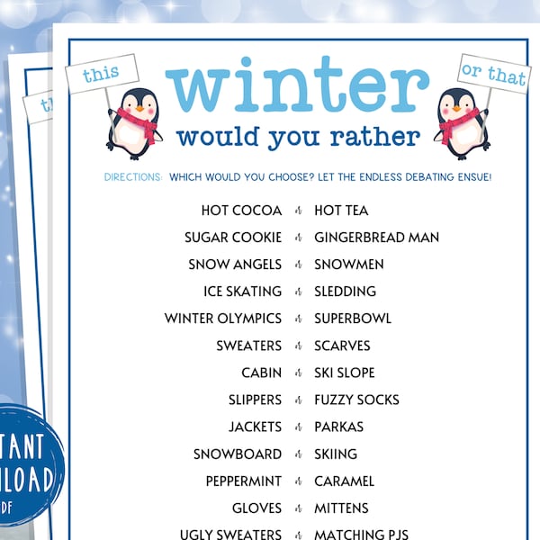 Winter Would You Rather Game | Fun This or That Printable Winter Games | Wintertime Activities for Adults & Kids | Holiday | Christmas