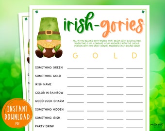 St. Patrick's Day Scattergories Game | Irish-Gories | Irish | Fun St. Pattys Day | St. Paddys | St. Pats | Party Games Kids & Adults | Gold