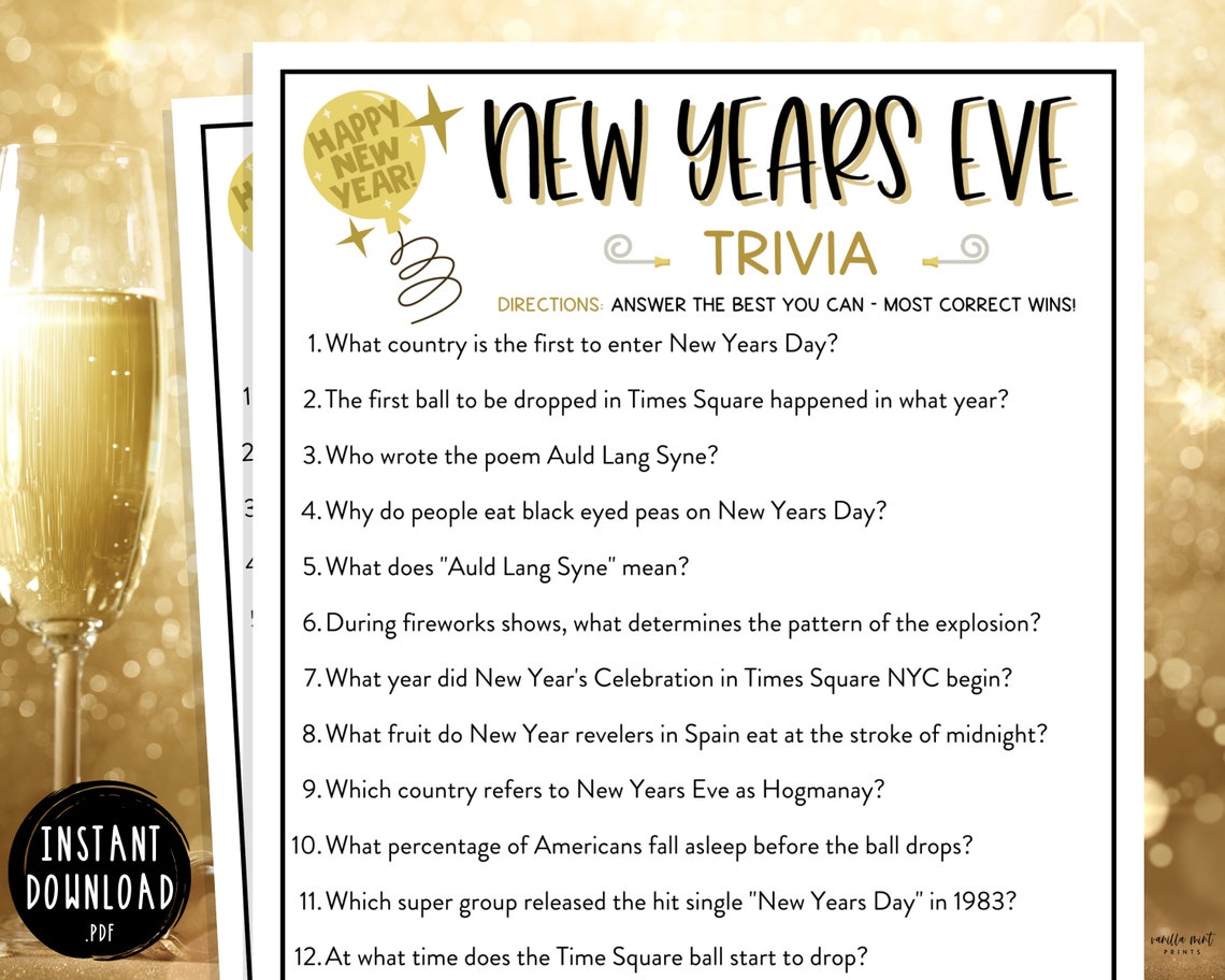 New Years Eve Trivia Game New Years Printable Games New | Etsy