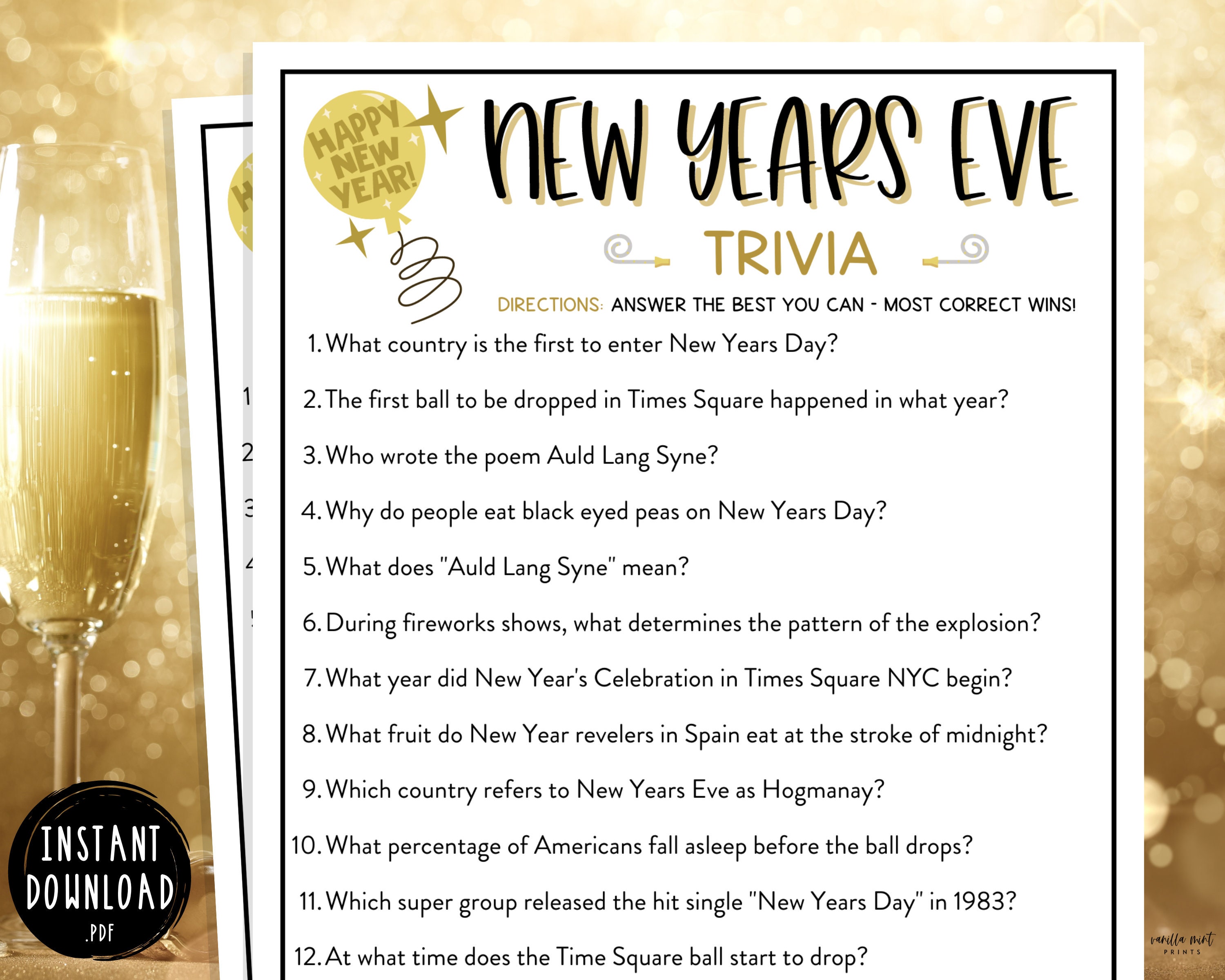 New Years Pass the Gift Game New Years Trivia Game (Download Now