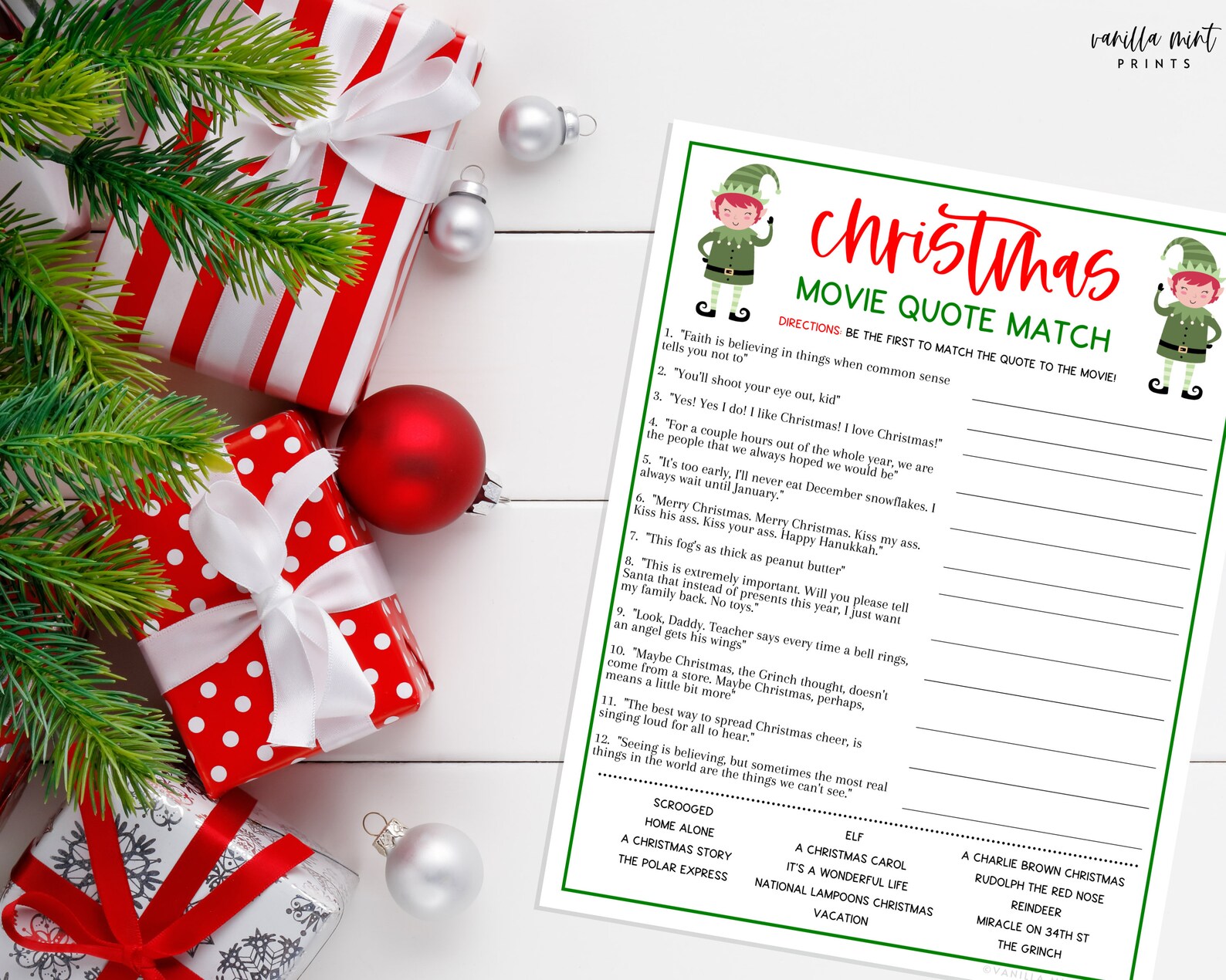 Christmas Movie Quote Match Game Matching Trivia Game Christmas Games ...