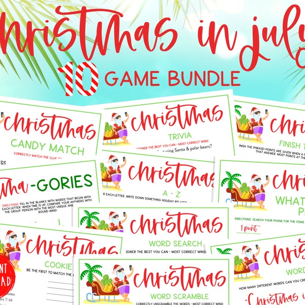 Christmas in July 10 Game Party BUNDLE | Beach Christmas | Printable Tropical Game | Fun Xmas in July Game Pack | Holiday | Kids & Adults