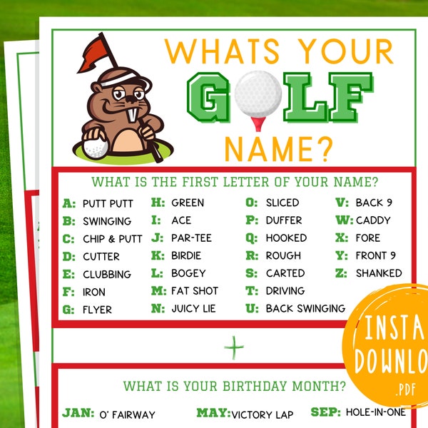 Whats Your Golf Name Game | Printable Golf Team Party Games | Masters Golf Tournament Games for Kids & Adult | Golf Activity | Golf Birthday