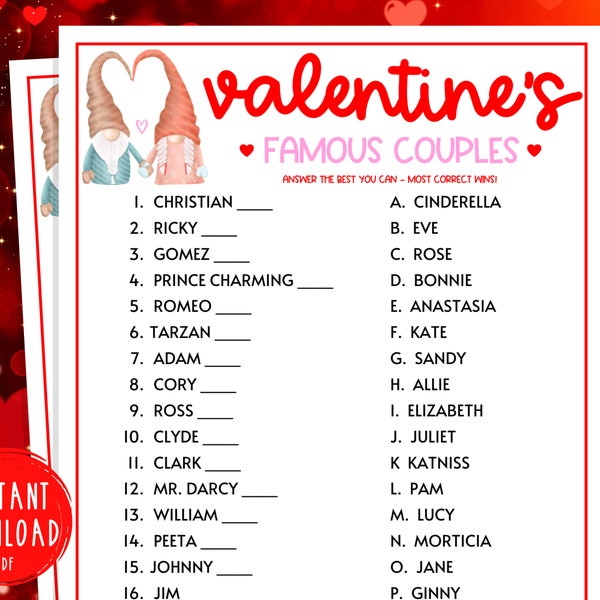 Valentine's Day Famous Couples Match Game | Valentine Printable Games | Fun Valentine's Day Games | Party Game | Kids & Adults | Celebrities
