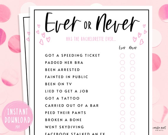 Bachelorette Party Games Ever Or Never Game Fun Hen Party Etsy