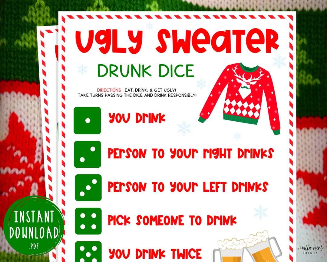 Ugly Sweater Party Drunk Dice Drinking Game Christmas Printable