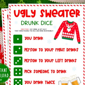 Ugly Sweater Party Drunk Dice Drinking Game | Christmas Printable Games | Fun Christmas Party Games | Holiday | Ugly Christmas Sweater Party