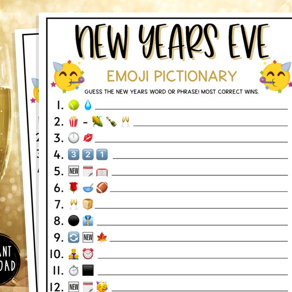 New Years Eve Emoji Pictionary Game | Printable Games | Fun New Years Eve Party Games | NYE Trivia | Adult Party Games | Kids NYE Party Game