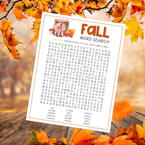 Fall Word Search Printable Autumn Party Games Fall Time | Etsy