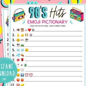 90s Hits Emoji Pictionary | Pop Culture Trivia | 90s Music | 30th Birthday | Back to the 90s Party Games | Millennial | Nineties Babies