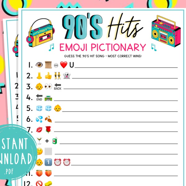 90s Hits Emoji Pictionary | Pop Culture Trivia | 90s Music | 30th Birthday | Back to the 90s Party Games | Millennial | Nineties Babies