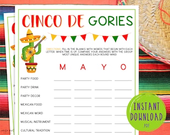 Cinco de Mayo Scattergories Game | Word Game | Mexican Party Games | Fun Cinco de Mayo Games | Party Games for Kids & Adults | Fiesta
