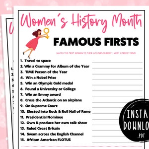 Women&#39;s History Month Famous Firsts Trivia Game | Women Empowerment | Celebration Party Game | Printable Game Adults & Kids | March | Female