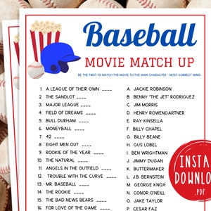 Baseball Movie Match Up Trivia Game | Printable Baseball Team Party Game | MLB Game for Kids & Adults | World Series Activity | Birthday