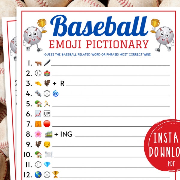 Baseball Emoji Pictionary Spiel | Druckbares Baseball Team Party Spiel | MLB Spiel für Kinder & Erwachsene | World Series Aktivität | Baseball Geburtstag