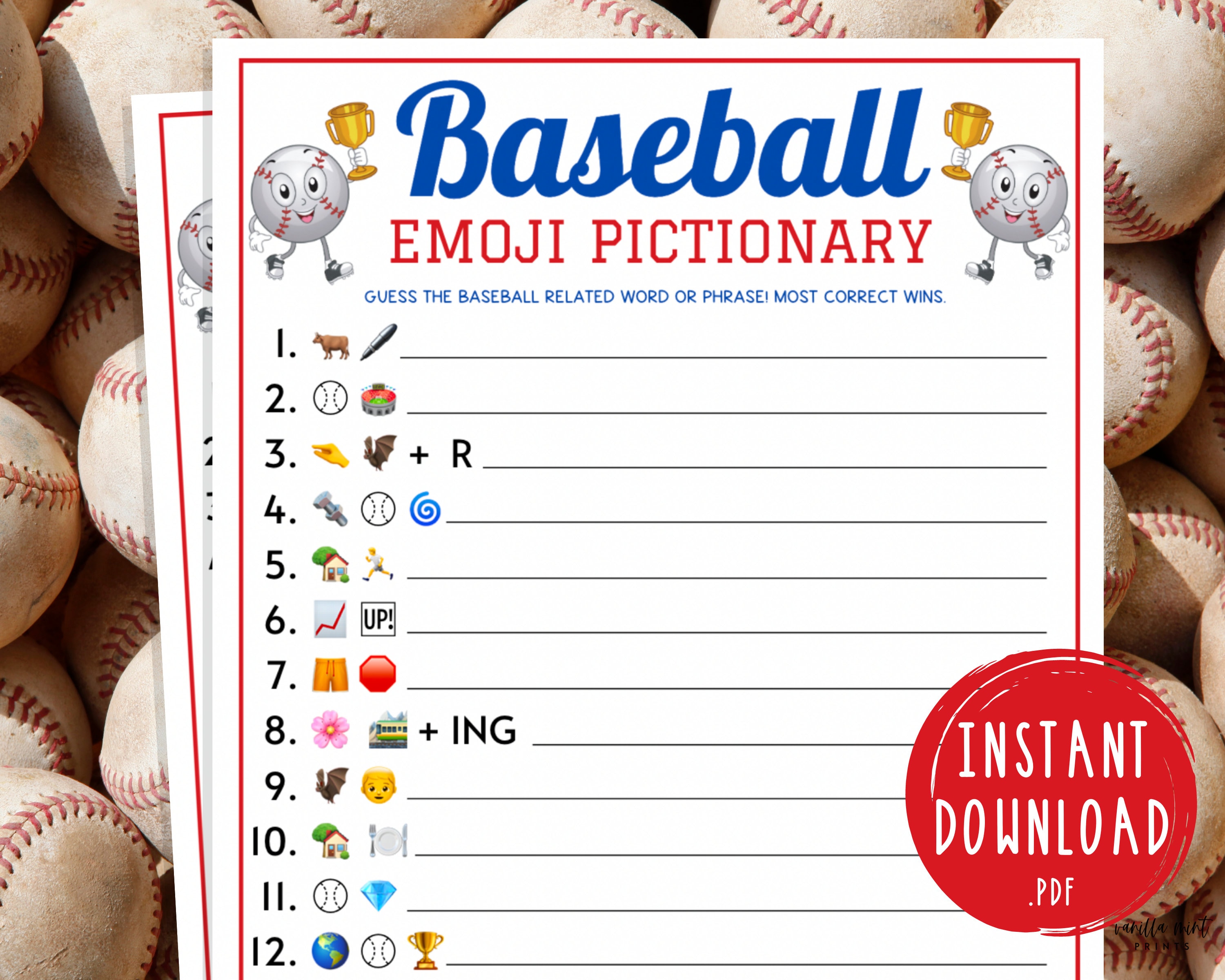 Baseball Emoji Pictionary Game Printable Baseball Team Party Etsy Canada