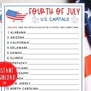 Nombre del 4 de julio El juego de las capitales de EE. UU. / Juego imprimible del 4 de julio / Juegos del Día de la Independencia / Juegos de fiesta del 4 de julio / Patriótico / América