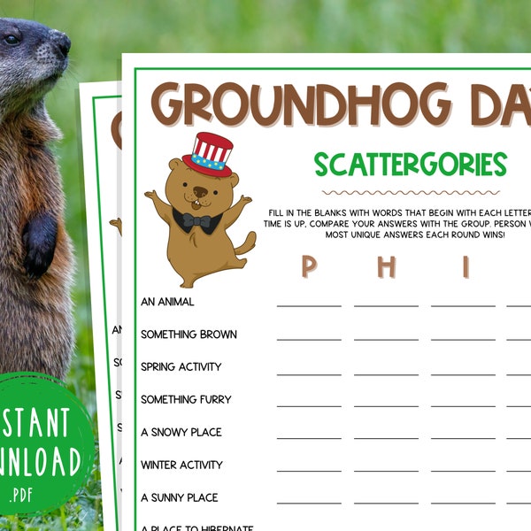 Groundhog Day Scattergories Game | Punxsutawney Phil Printable Games | Party Games | Games for Adults & Kids | February 2nd Groundhog Day