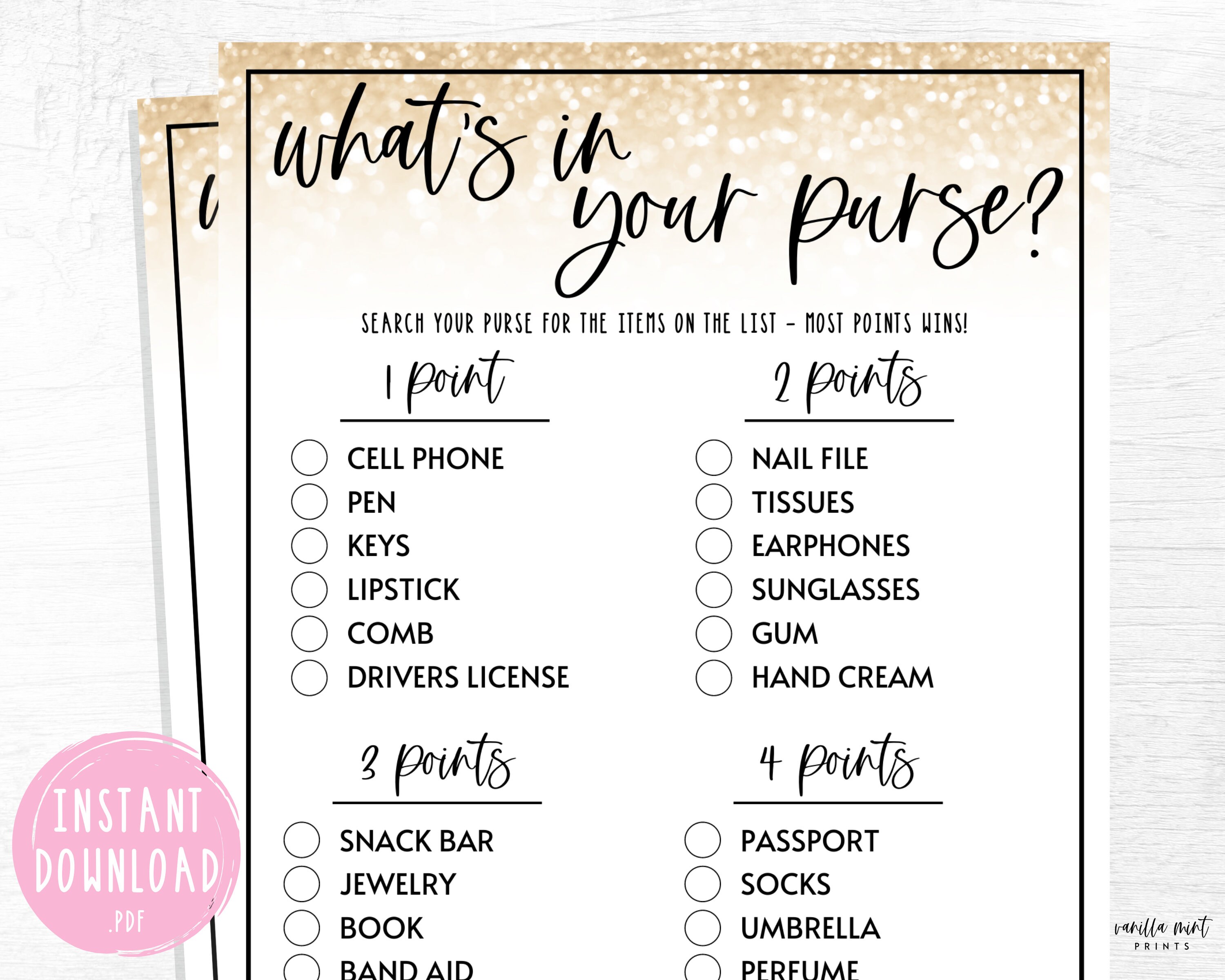 Adult Birthday Party Games What's in Your Purse Birthday Etsy