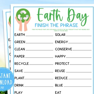 Earth Day Finish The Phrase Game | Fun Printable Spring Games | Environmental Activity for Adults & Kids | Save The Planet | Earth Day Game