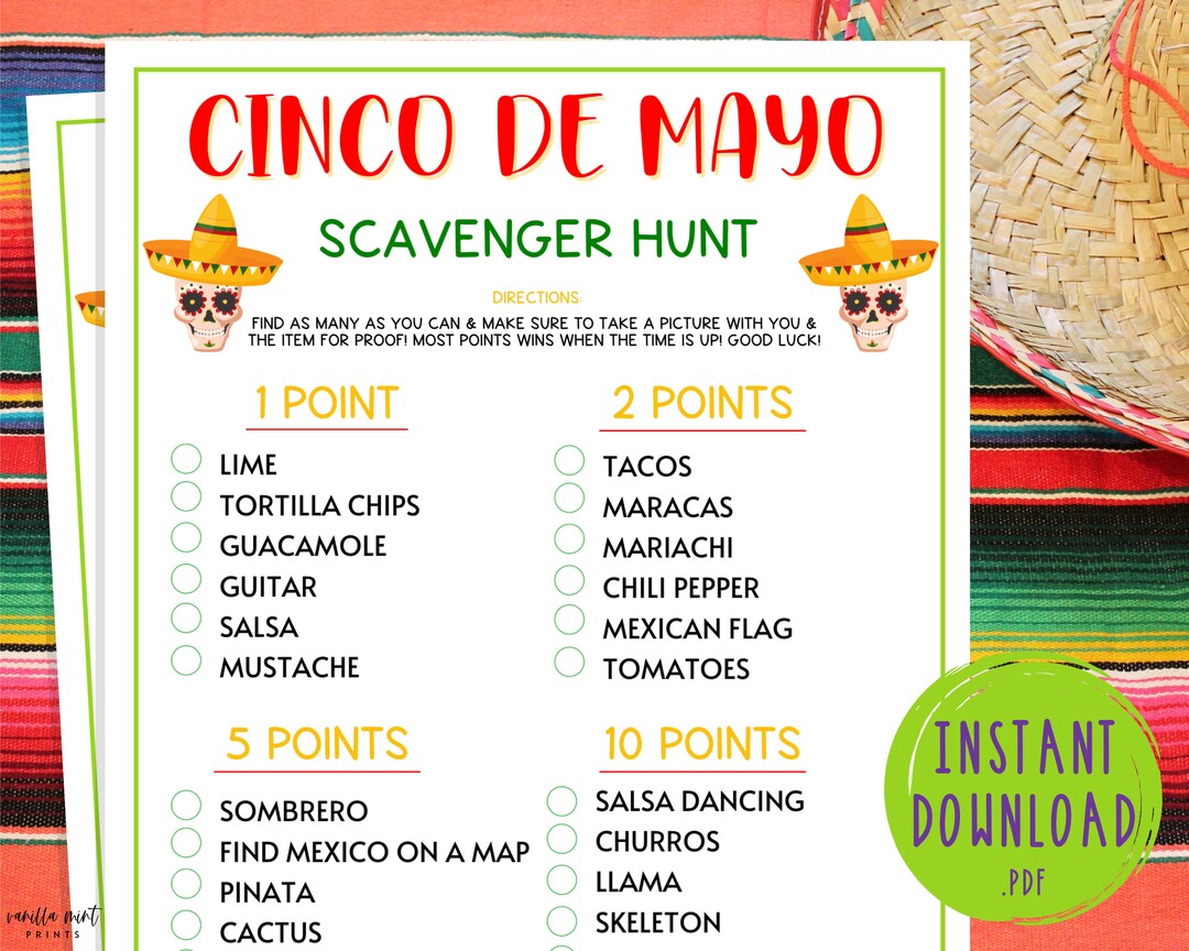 Cinco De Mayo Scavenger Hunt Game Mexican Party Games Fun Cinco De Mayo