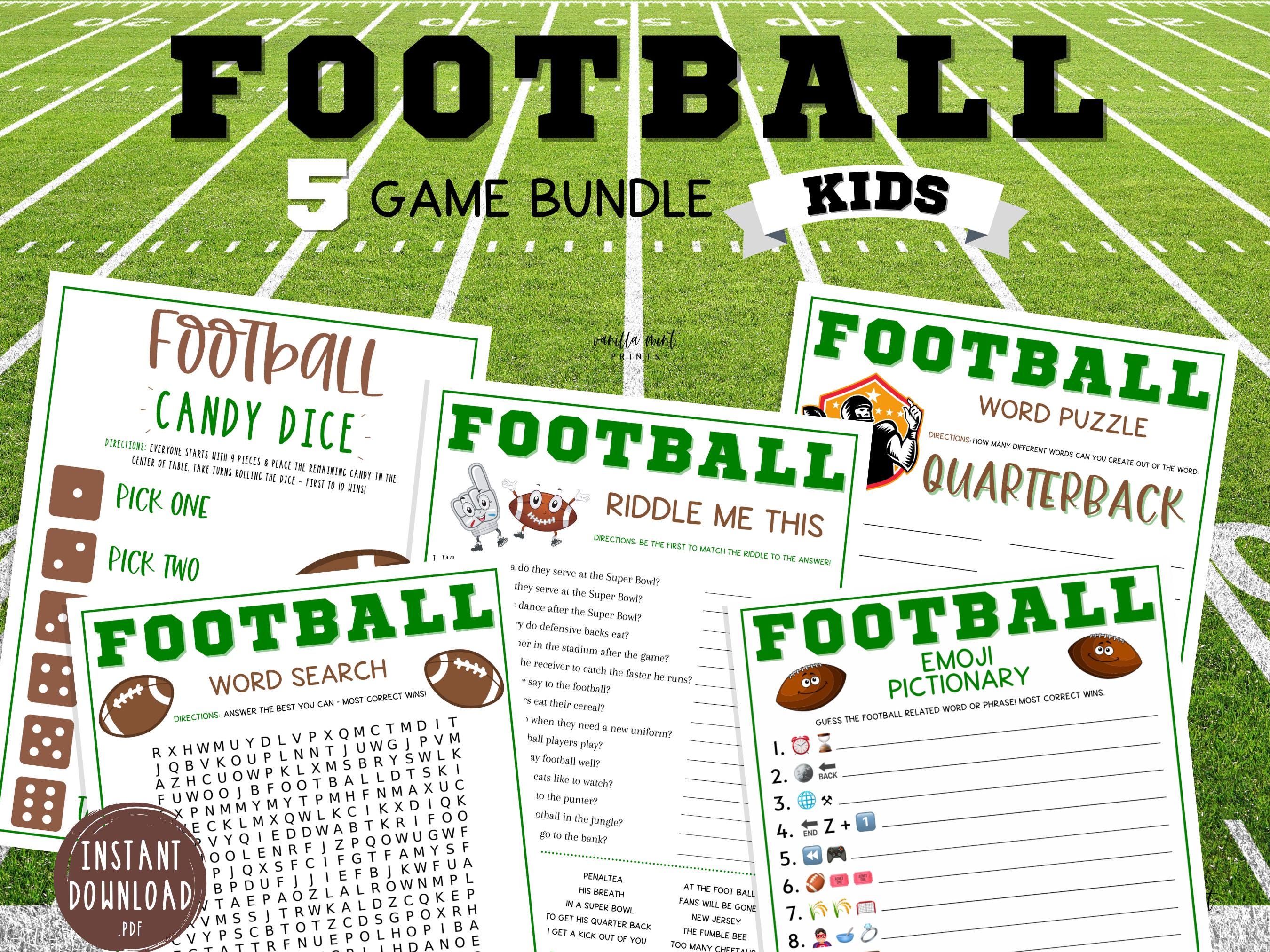 Football 5 Game BUNDLE for Kids | Five Professional Football Party Games Pack | Printable Sunday Football Game KIDS | Fantasy Football Party