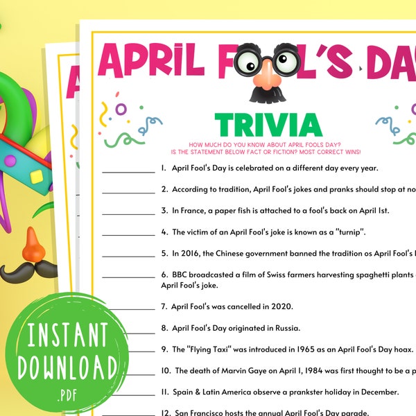 April Fool's Day Trivia Game | April Fools Party Games | Printable Game for Adults & Kids | Classroom | Youth Group | Jokes and Riddles