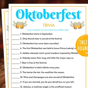 Oktoberfest Trivia Quiz Game Instant Download Oktoberfest 