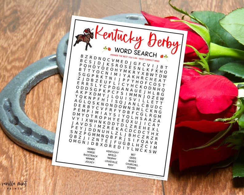 Jeu de recherche de mots Kentucky Derby Jeux de société triple couronne Course de chevaux Jeu de fête imprimable Derby Activité amusante pour adultes et enfants image 3