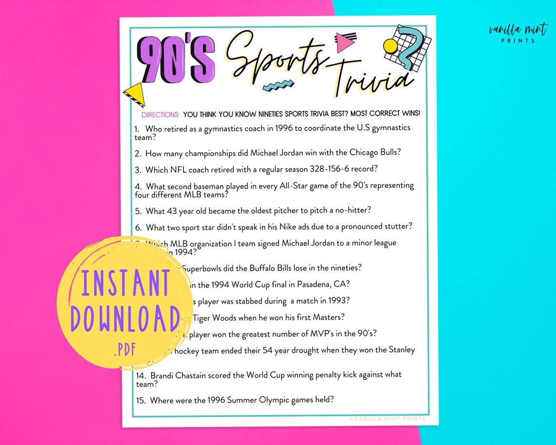 1990's Trivia 90s Sports Trivia Nineties Athletics - Etsy