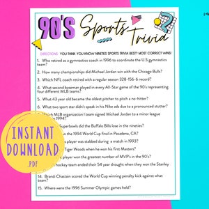 1990&#39;s Trivia | 90s Sports Trivia | Nineties Athletics Trivia | Back to the 90s Party Games | Millennial Birthday  | Nineties Babies