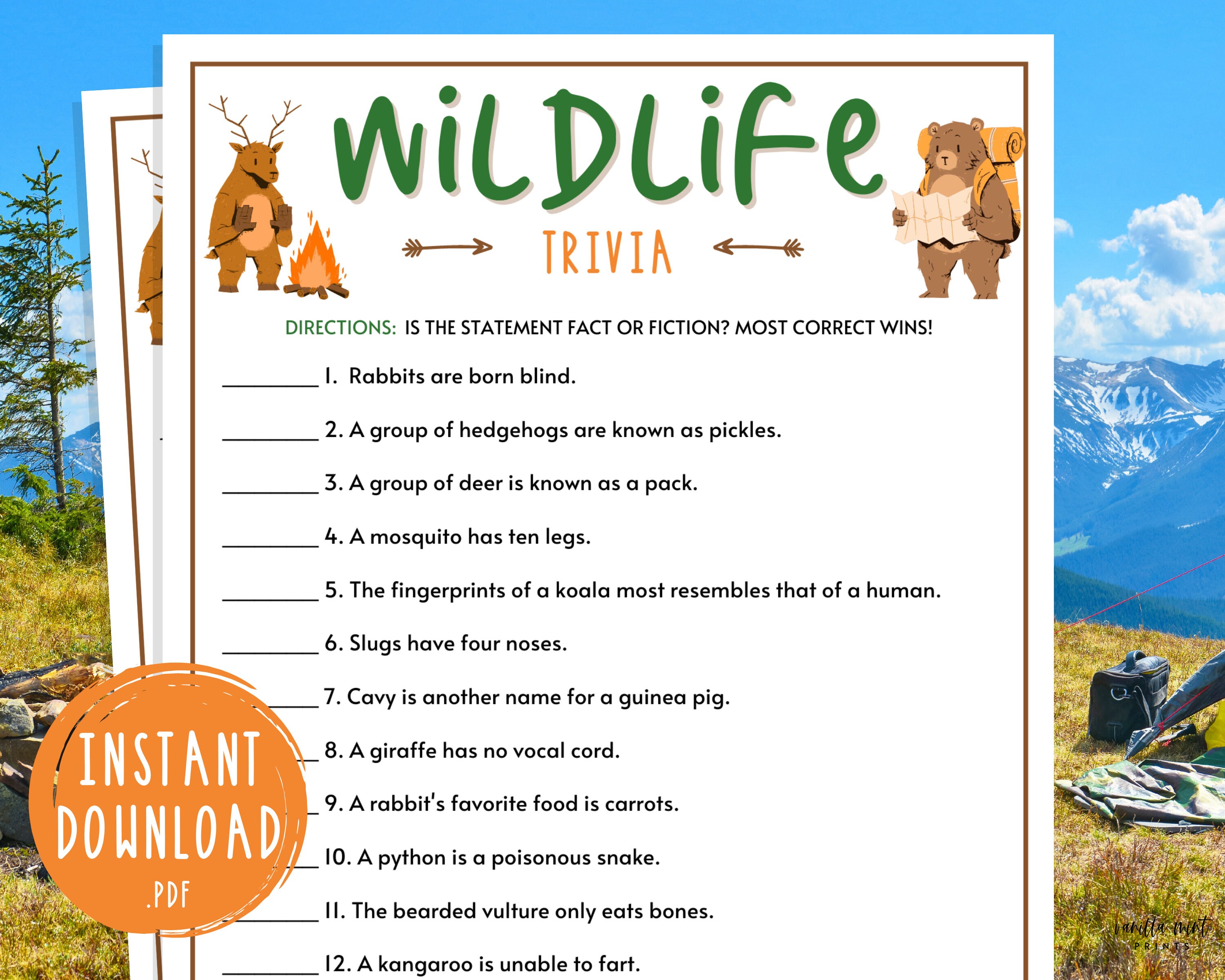 Camping Wildlife Trivia Printable Campground Party Games | Etsy