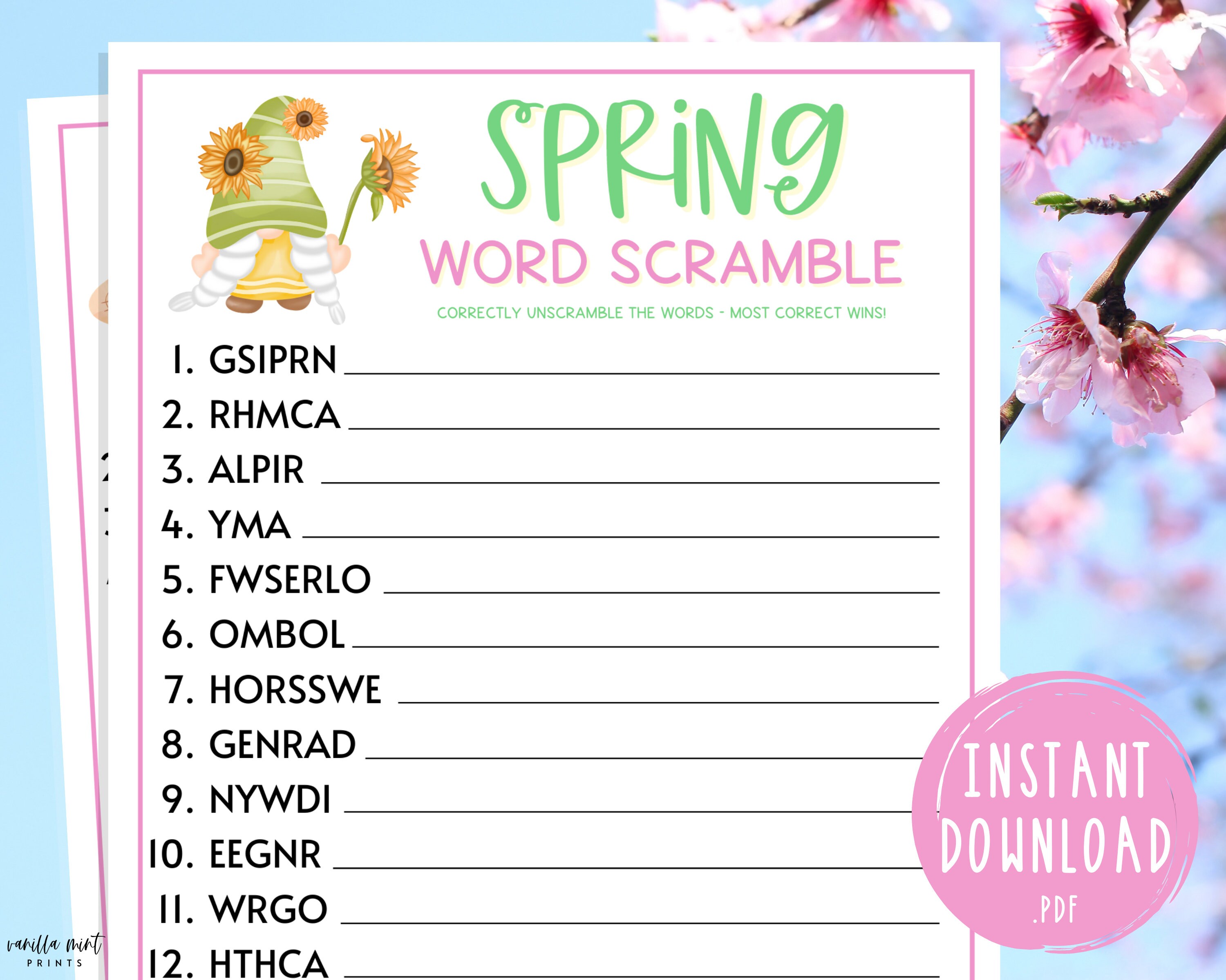 Spring Word Scramble Game Printable Springtime Games Party Etsy Canada