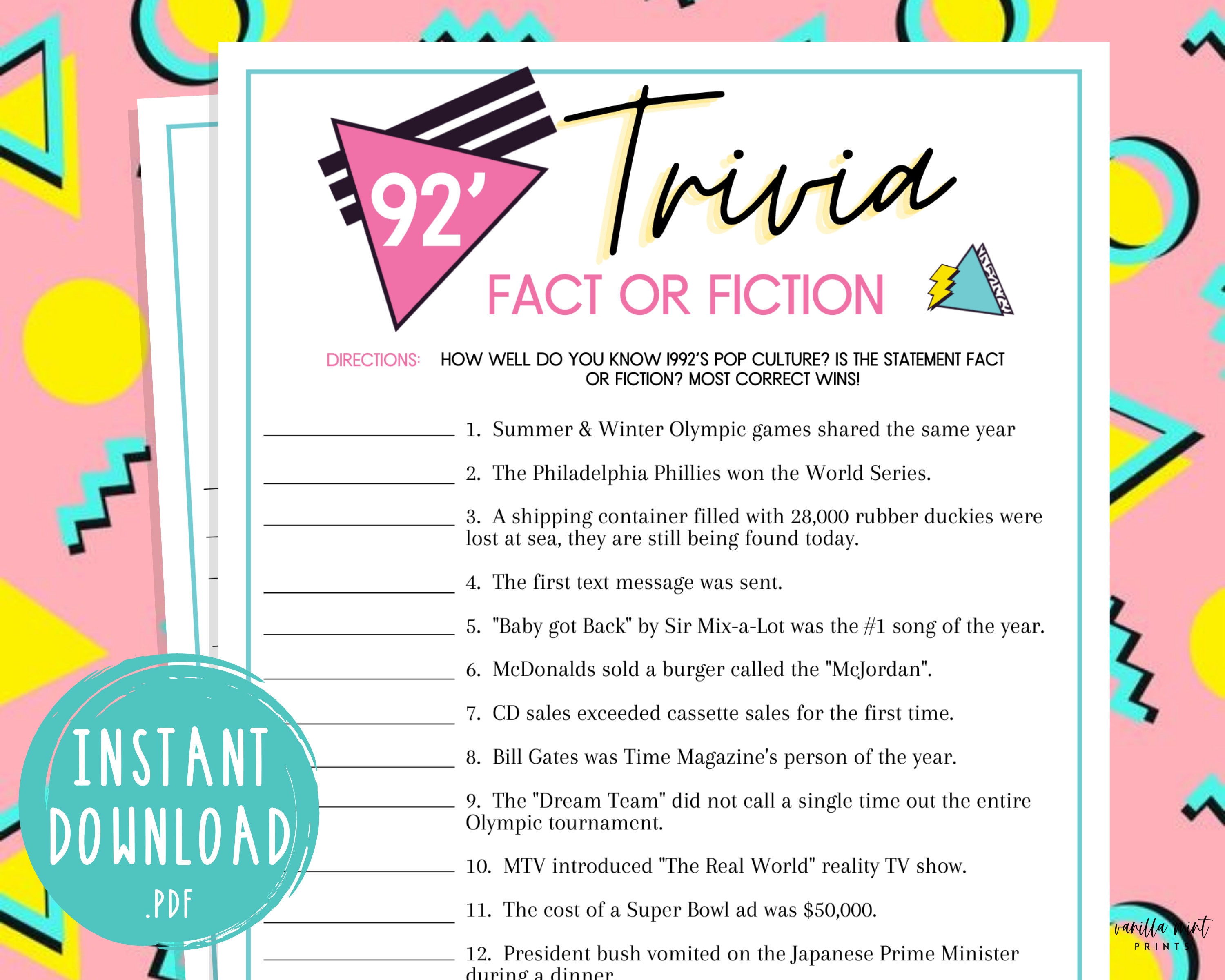 1992 Trivia 90s Pop Culture Trivia Fact or Fiction 30th Etsy Australia