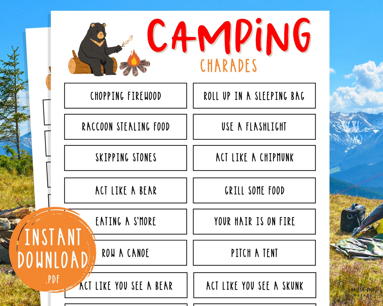 camping-charades-33-charade-ideas-printable-campground-party-etsy