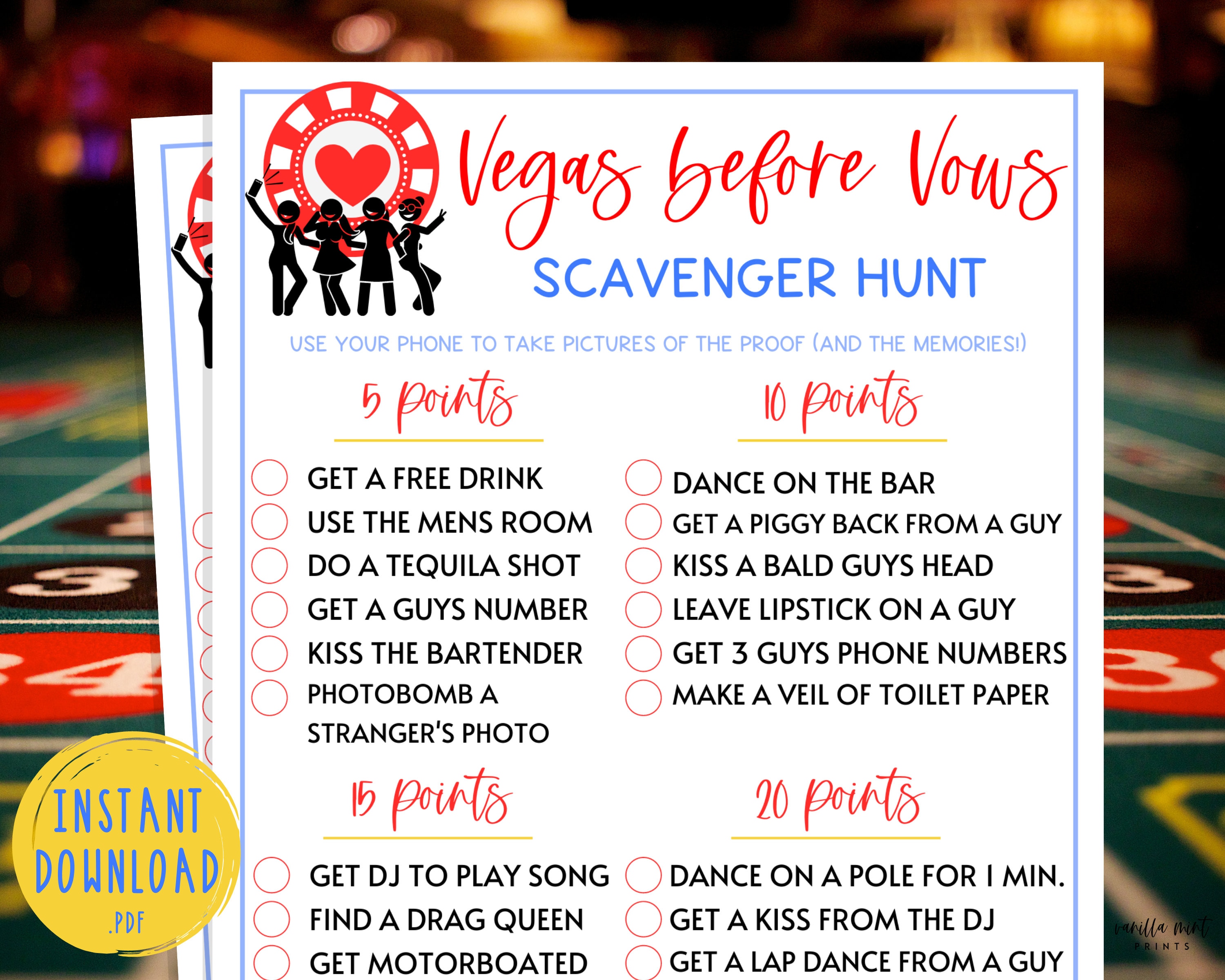 Las Vegas Bachelorette Party Games Scavenger Hunt Game Fun Etsy