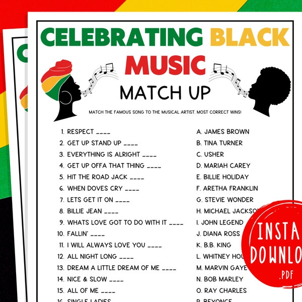 Black History Month Celebrating Black Music Match Up Game | African American History Party Game| Printable for Adults & Kids | February